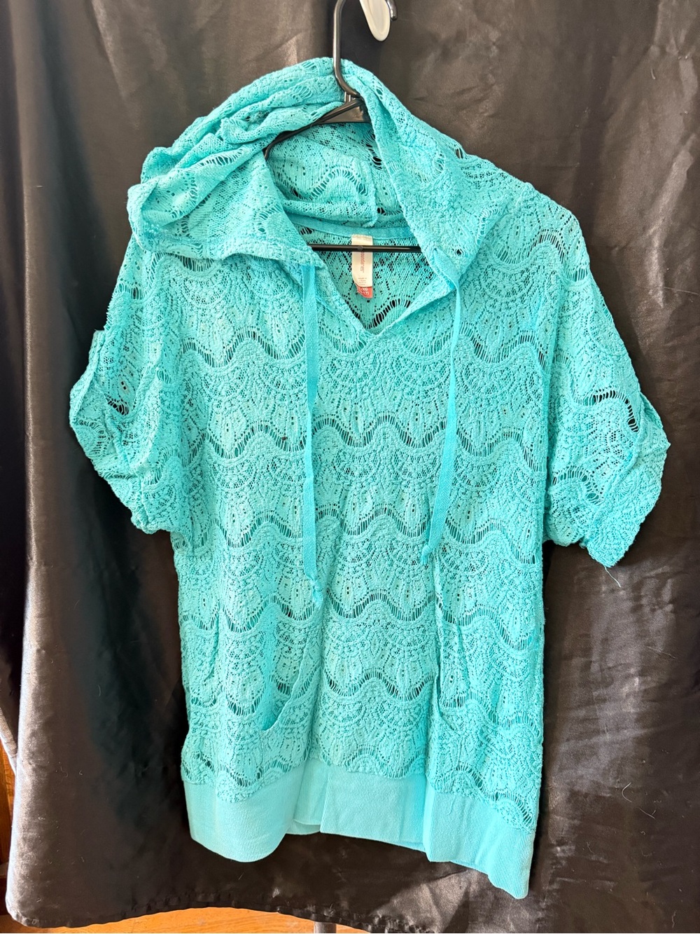 Turquoise Crochet Hooded Short-Sleeve Top